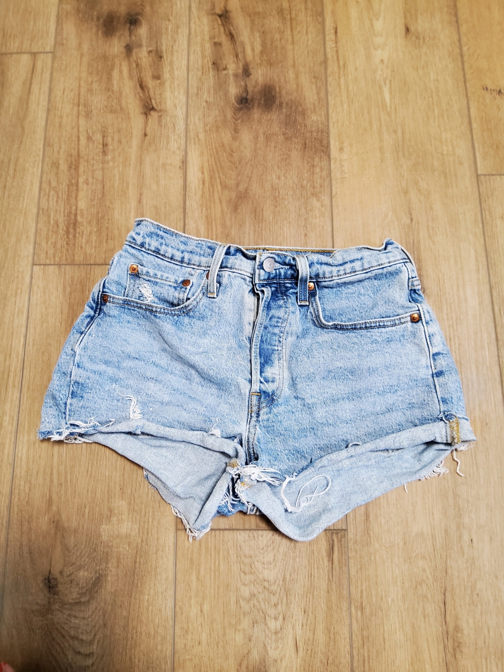 Levi's 501 Light Blue Distressed Medium-Rise Hidden Multi Button Denim Shorts